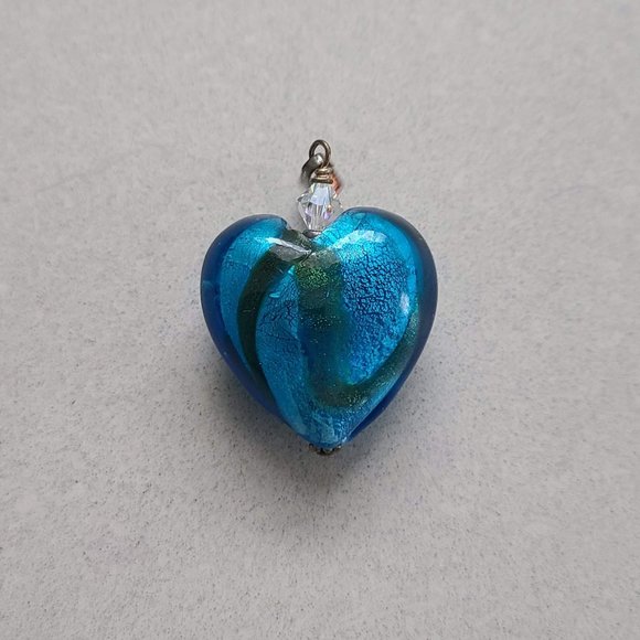 Blue Blown Glass Heart Shaped Pendant with Chain - Picture 1 of 9